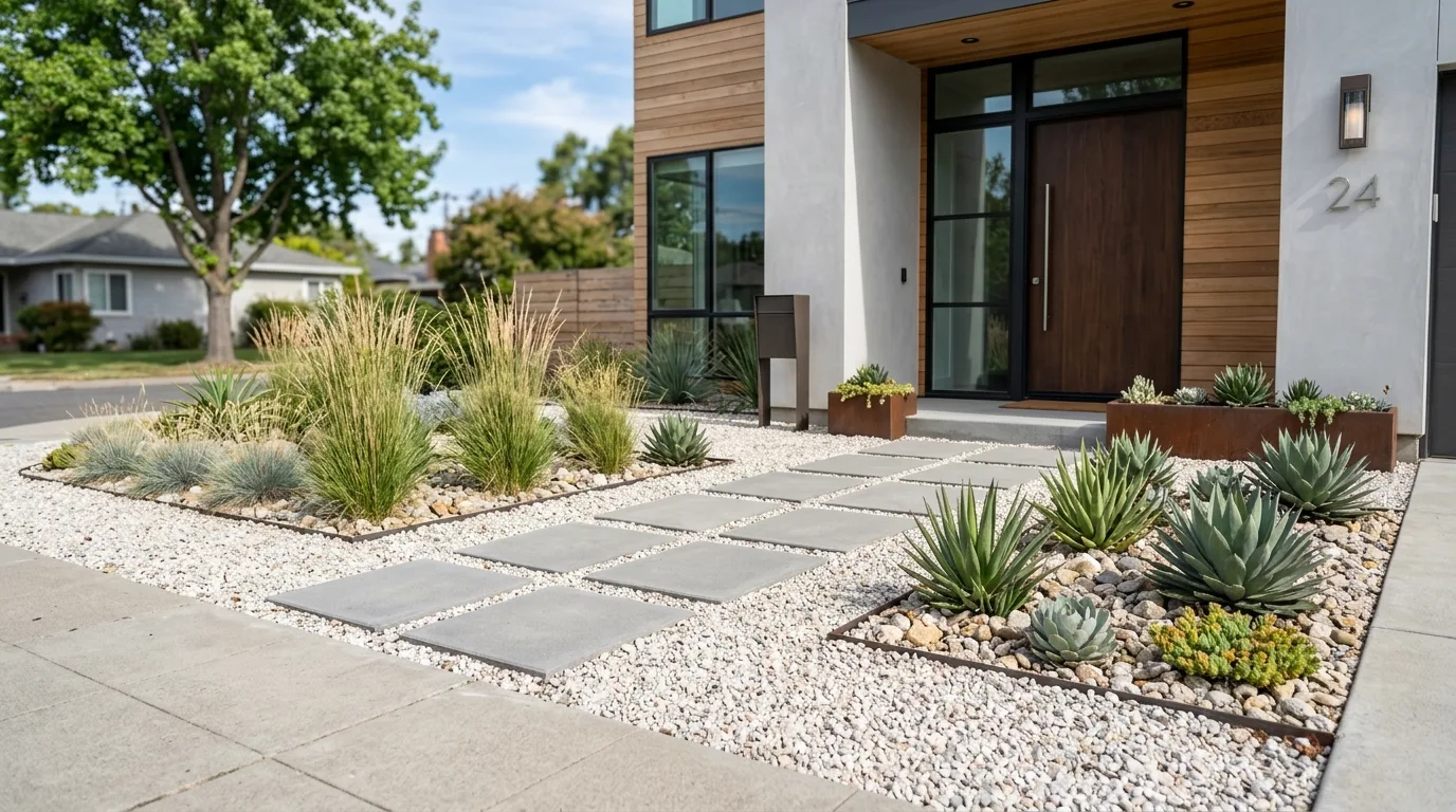 Modern White Rock Garden With Pavers